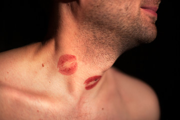 traces of lipstick from female kisses on a man's body