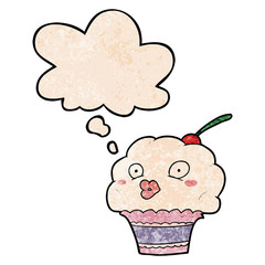 cartoon cupcake and thought bubble in grunge texture pattern style
