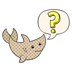 cartoon shark asking question and speech bubble in comic book style