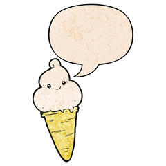 cartoon ice cream and speech bubble in retro texture style