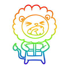 rainbow gradient line drawing cartoon lion with christmas present