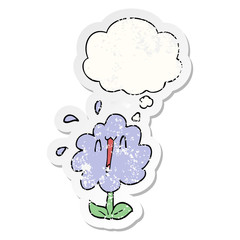 cartoon flower and thought bubble as a distressed worn sticker