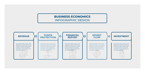 Business Economics infographic design. Timeline with 5 steps, options, squares. Vector template