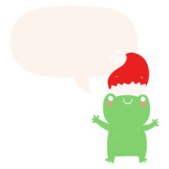 cute christmas frog and speech bubble in retro style