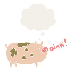 cartoon oinking pig and thought bubble in retro style