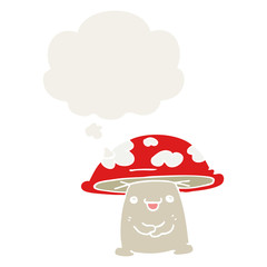 cartoon mushroom character and thought bubble in retro style