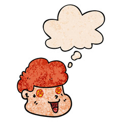 cartoon boy's face and thought bubble in grunge texture pattern style