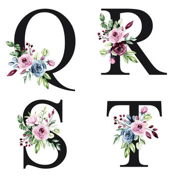 Floral alphabet, letters Q, R, S, T with watercolor flowers roses and leaves. Monogram initials perfectly for wedding invitations, greeting card, logo, poster and other. Holiday design hand painting.