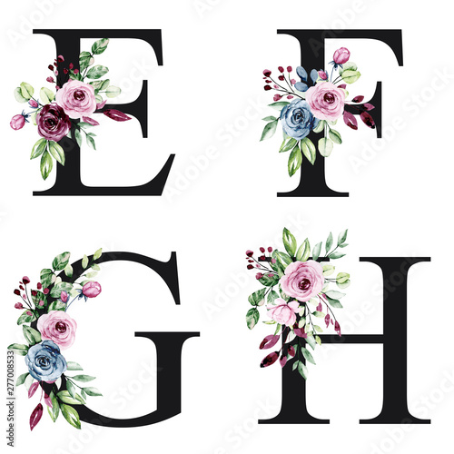 Floral Alphabet Letters E F G H With Watercolor Flowers Roses And Leaves Monogram Initials Perfectly For Wedding Invitations Greeting Card Logo Poster And Other Holiday Design Hand Painting Wall Mural Larisa