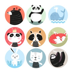 Set of cute hand drawn smiling animals characters. Cartoon. Vector illustration. bunny, bear, panda, raccoon, fox, cat, sloth and whale - Vector