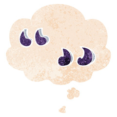 cartoon quotation marks and thought bubble in retro textured style