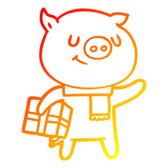 warm gradient line drawing happy cartoon pig with christmas present