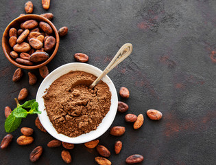 Bowl with Cocoa powder and beans