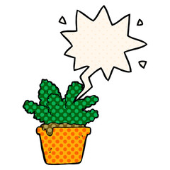 cartoon house plant and speech bubble in comic book style