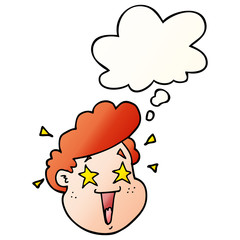 cartoon happy face and thought bubble in smooth gradient style