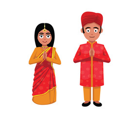 Indian Couple Namaste Cute Cartoon Vector Illustration
