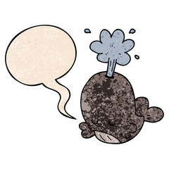 cartoon spouting whale and speech bubble in retro texture style