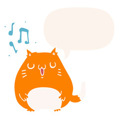 cartoon cat singing and speech bubble in retro style