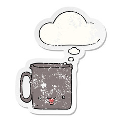 cartoon cup and thought bubble as a distressed worn sticker