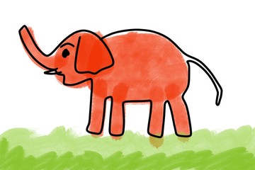 Children draw a red elephant standing on a green grass.