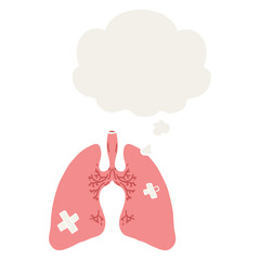 cartoon lungs and thought bubble in retro style