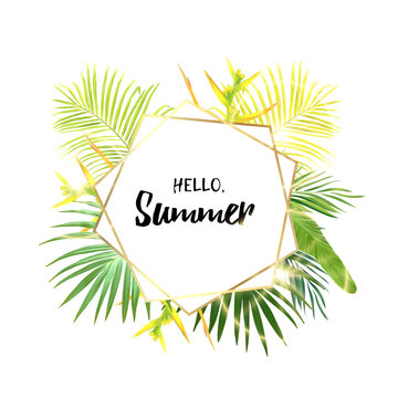 Green summer tropical background with exotic palm leaves and bird of paradise flowers. Vector floral background.