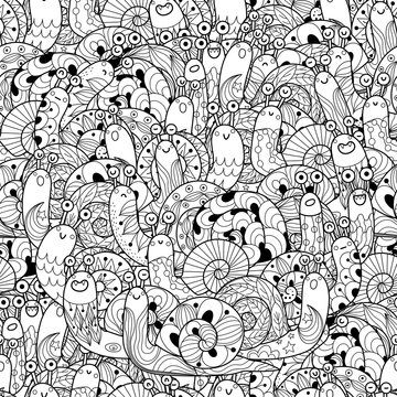 Black and white seamless pattern with funny snails