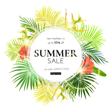 Green summer tropical background with exotic palm leaves and hibiscus flowers. Vector floral background. Sale banner or flyer template.