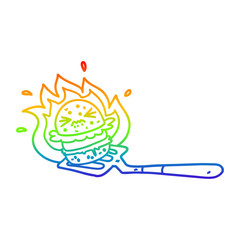 rainbow gradient line drawing cartoon burger on spatula