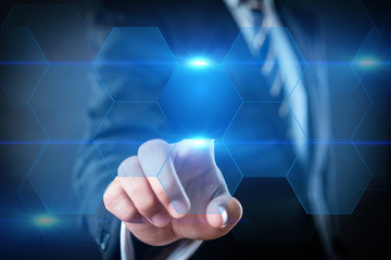business, technology and internet concept - businessman pressing transparent button on virtual...