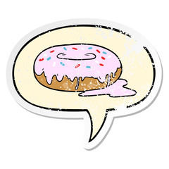 cartoon donut and speech bubble distressed sticker