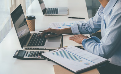 Administrator business man financial inspector and secretary making report calculating balance....