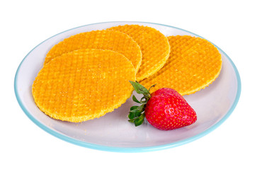 Crispy sweet waffle cookie on white background. 