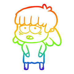 rainbow gradient line drawing cartoon tired woman