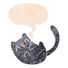 cartoon cat and speech bubble in retro textured style