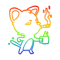 rainbow gradient line drawing serious business cat with coffee and cigar