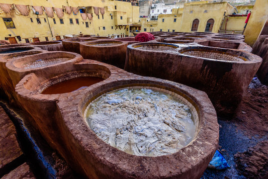 Sightseeing of Morocco. Tanneries of Fez. Dye reservoirs and vats in traditional tannery of city of Fez, Morocco