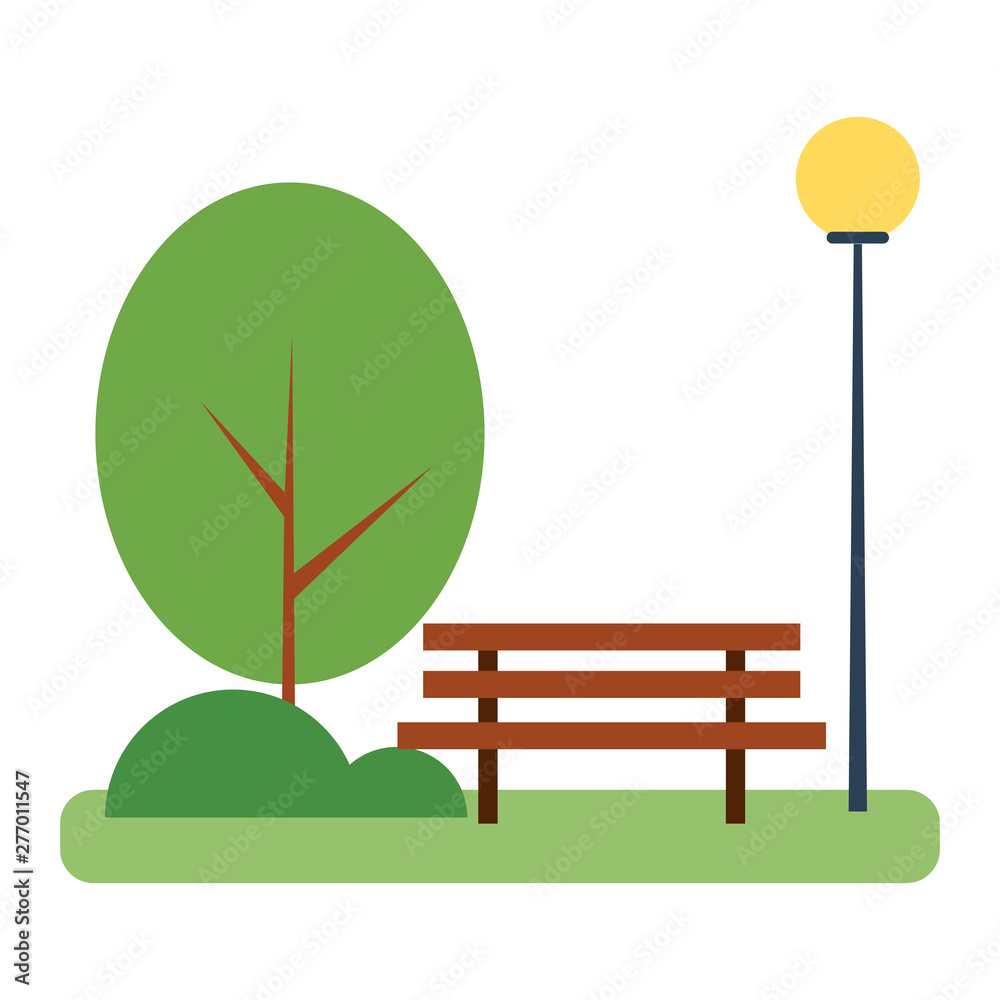 Wall mural park with tree bush bench and streetlight