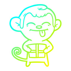 cold gradient line drawing funny cartoon monkey with christmas present