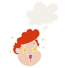 cartoon happy face and thought bubble in retro style