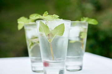 Summer hot fresh drink with mint in glass on white green grey background