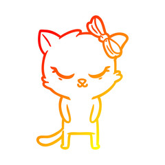 warm gradient line drawing cute cartoon cat with bow