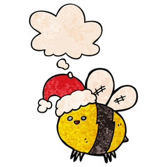 cute cartoon bee wearing christmas hat and thought bubble in grunge texture pattern style