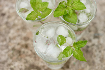 Summer hot fresh drink with mint in glass on white green grey background