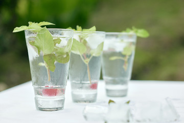 Summer hot fresh drink with mint in glass on white green grey background