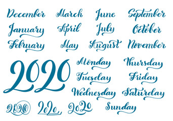 Big vector handdrawn calligraphic monthly set with months and Happy New Year 2020. Vector