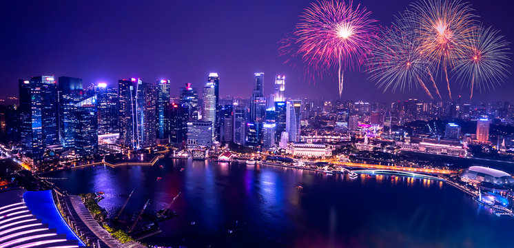 Singapore cityscape night light with firework 1