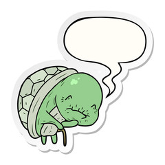 cute cartoon old turtle and walking stick and speech bubble sticker
