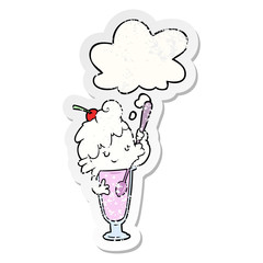 cartoon ice cream soda girl and thought bubble as a distressed worn sticker