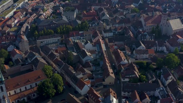 Aerial of Durlach of the old historic part of town in Germany. With pan to the right.